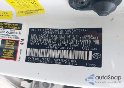 2011 Toyota Camry Le from USA, damaged, VIN 4T1BF3EK0BU745745